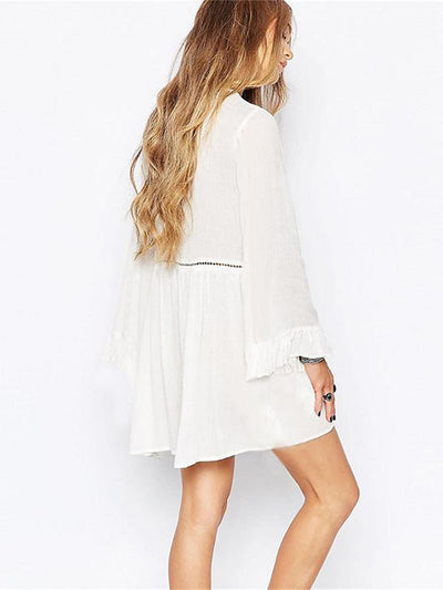 Loose Embroidered Flared Sleeves Tassels Beach Cover-Ups