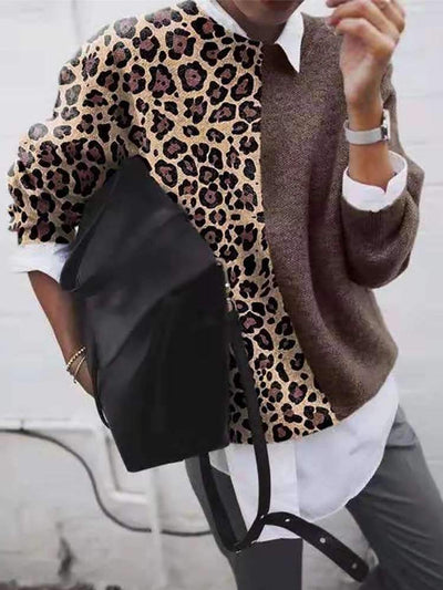 Fashion Leopard grain patchwork knit top Sweater