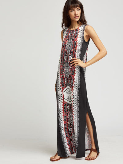 Ethnic Print Side Slit Maxi Dress