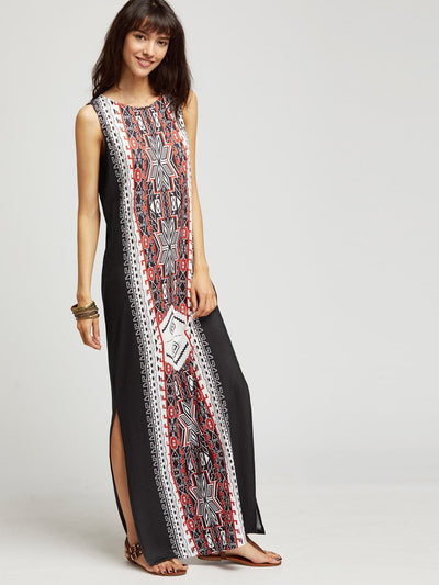 Ethnic Print Side Slit Maxi Dress