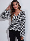 V neck black and white grid women blouses