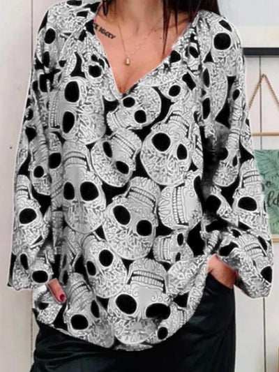 Women's skull printed large v-neck top Blouses