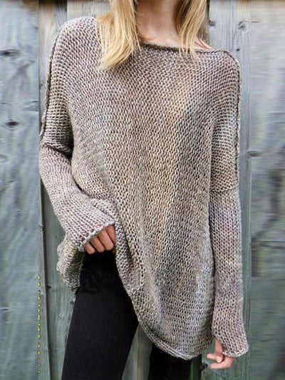 Crew Neck  Asymmetric Hem  Plain Sweaters