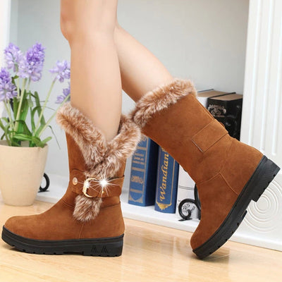 Thickened Middle Tube with Low Heel Round Head Belt Buckle Cotton Boots