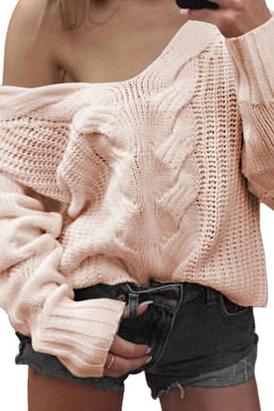 Plain V-Neck Long Sleeves Causal Loose Sweater