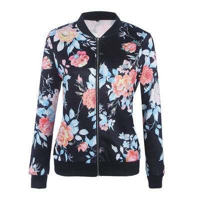 Women's Band Collar Floral Printed Bomber Zipper Jacket Outwear