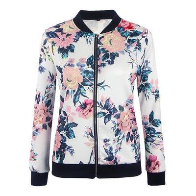 Women's Band Collar Floral Printed Bomber Zipper Jacket Outwear