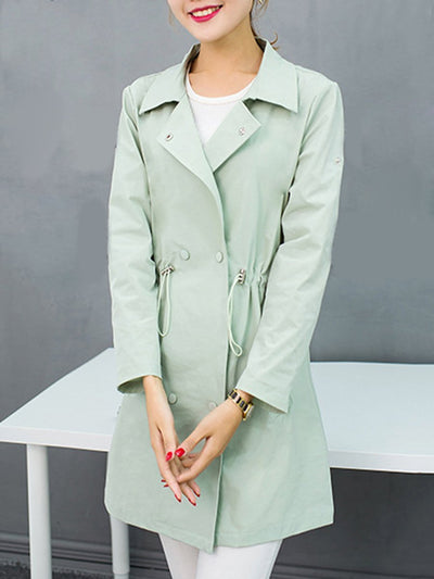 Lapel Double Breasted Drawstring Plain Roll-Up Sleeve Trench Coat