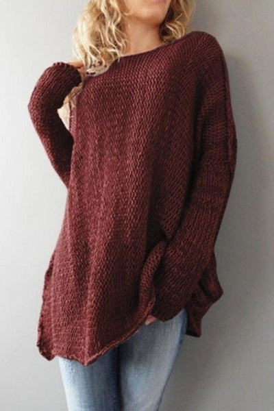 Crew Neck  Asymmetric Hem  Plain Sweaters