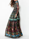 Long Sleeve Round Neck Black Printed Chiffon Maxi Long Dress Evening Dress