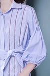 Stripe embroidered 3/4 sleeve hollow lantern sleeve A-line dress