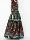 Long Sleeve Round Neck Black Printed Chiffon Maxi Long Dress Evening Dress