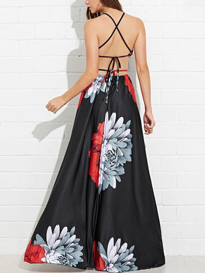 Elegant Black Floral Printed Backless Woman Maxi Dresses