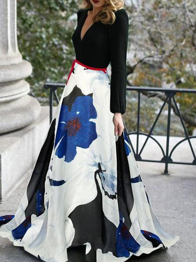 Elegant V-Neck Belt Floral Printed Long Sleeve Maxi Dresses