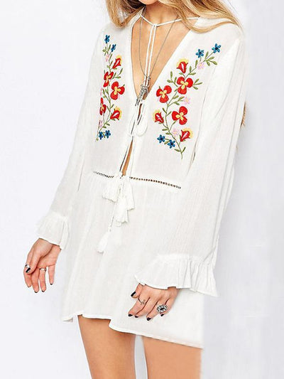 Loose Embroidered Flared Sleeves Tassels Beach Cover-Ups