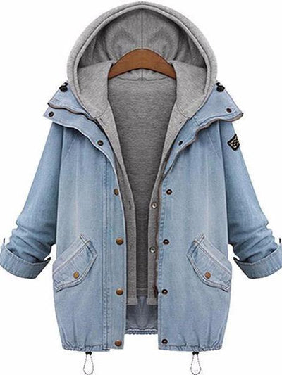 Casual Denim Drawstring Twinset Hooded Women Jacket Outerwear