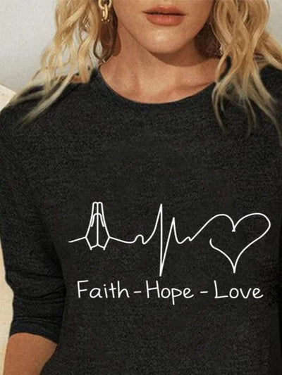 Faith Hope Love Letters Printed Long Sleeves Crew Neck Plus Size Casual Tops