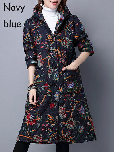Abstract Printed Quilted Thick Hoodie Winter Coat