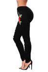 Red Rose Embroidery Distressed Black Skinny Jeans