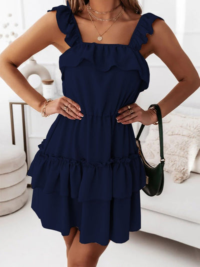 Women's Dresses Solid Sling Double Layer Ruffle Dress - Mini Dresses - Instastyled | Online Fashion Free Shipping Clothing, Dresses, Tops, Shoes - 14/03/2022 - 30-40 - color-blue
